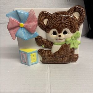 Vintage Bear Ceramic planter with pinwheel music box, works.